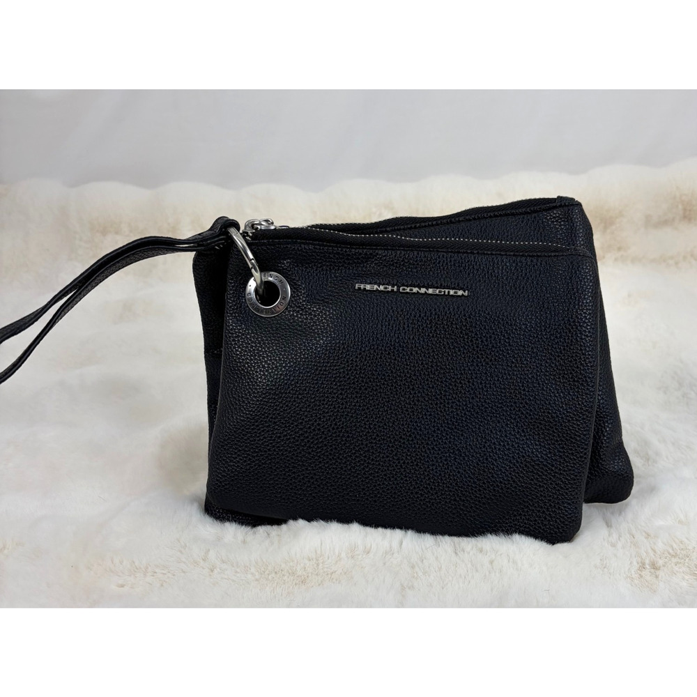 French Connection Black Lara Pebble Vegan‎ Leather Double Pouches Wristlet Duo